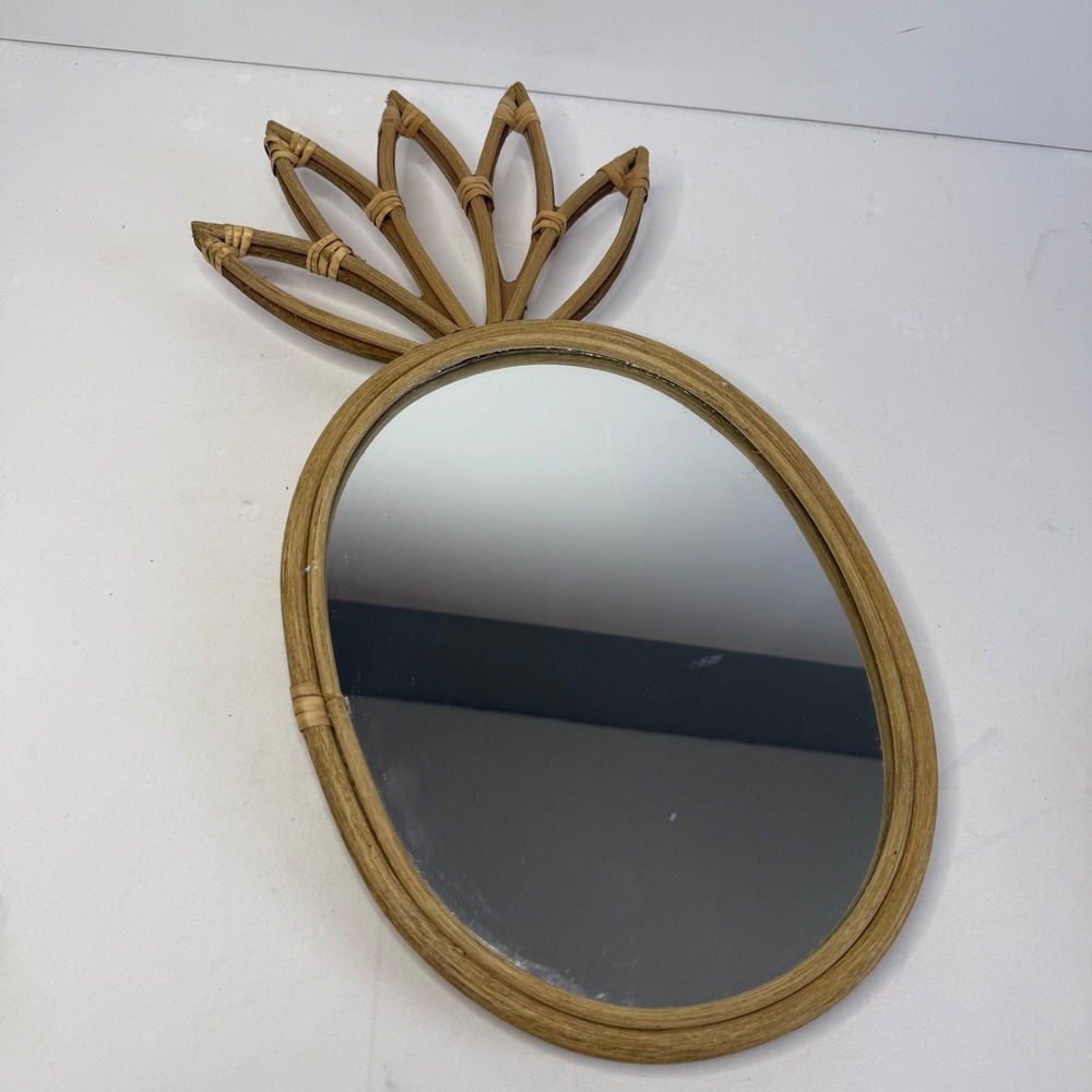 Pineapple Rattan Wall Mirror Natural Wood Boho Tropical Decor 18.5x11